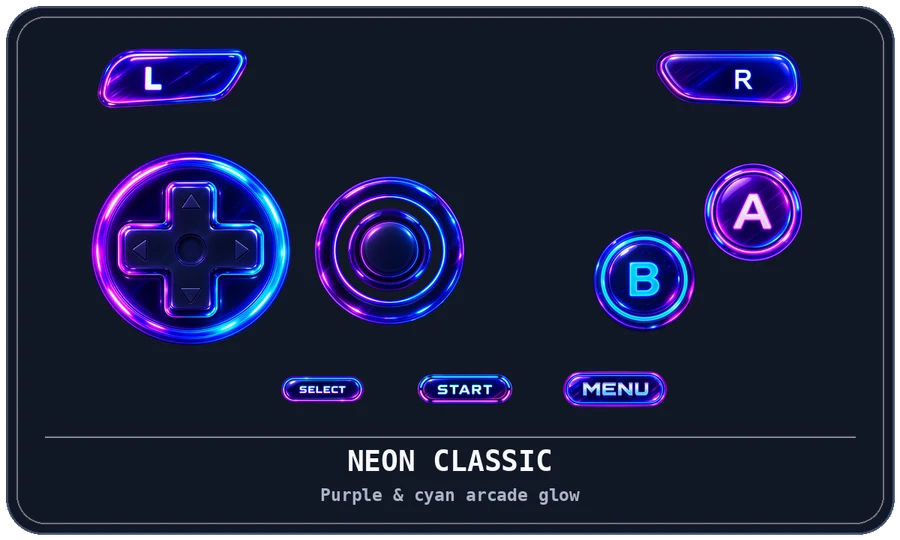 Neon Classic: Purple & cyan arcade glow. D-Pad, analog, A, B, shoulder and menu controls.
