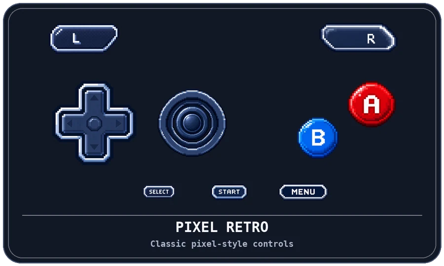 Pixel Retro: Classic pixel-style controls. D-Pad, analog, A, B, shoulder and menu controls.