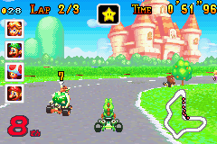 A kart race on Peach Circuit in Mario Kart: Super Circuit.