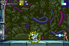 Samus facing a Core-X in Metroid Fusion.